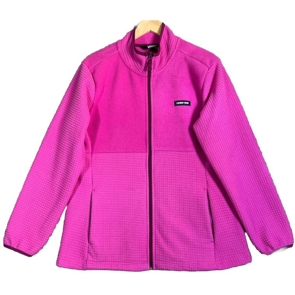 Lands' End Fleece Full Zip Jacket Women's Large 14-16 Pink Grid Pattern Pockets